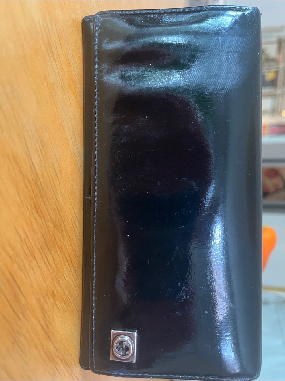 Vintage Gucci Black Patent Leather Long Wallet with Silver-Tone Logo